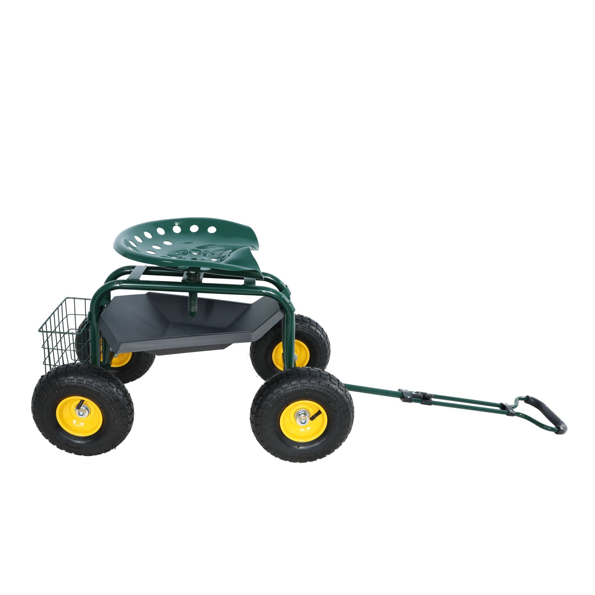 Garden trolley Rolling work chair with wheels, garden stool for planting, 360 degree swivel seat, station wagon scooter with steering handle and utility tray, for yard and outdoors, (green)