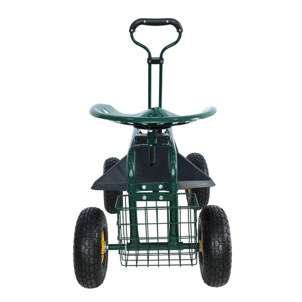 Garden trolley Rolling work chair with wheels, garden stool for planting, 360 degree swivel seat, station wagon scooter with steering handle and utility tray, for yard and outdoors, (green)