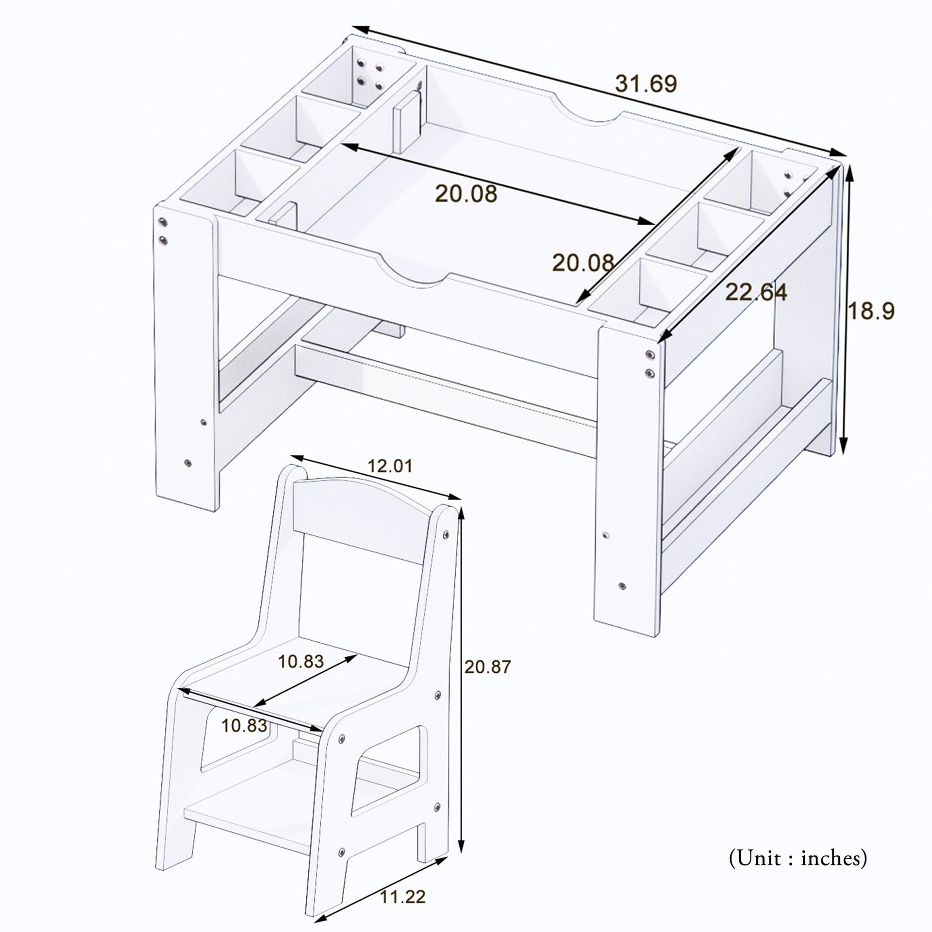 2 in 1 Play Table and 2 Chair Set with Storage, Compatible with LEGO and Duplo Bricks, Activity Table Playset Furniture with Modern White Color