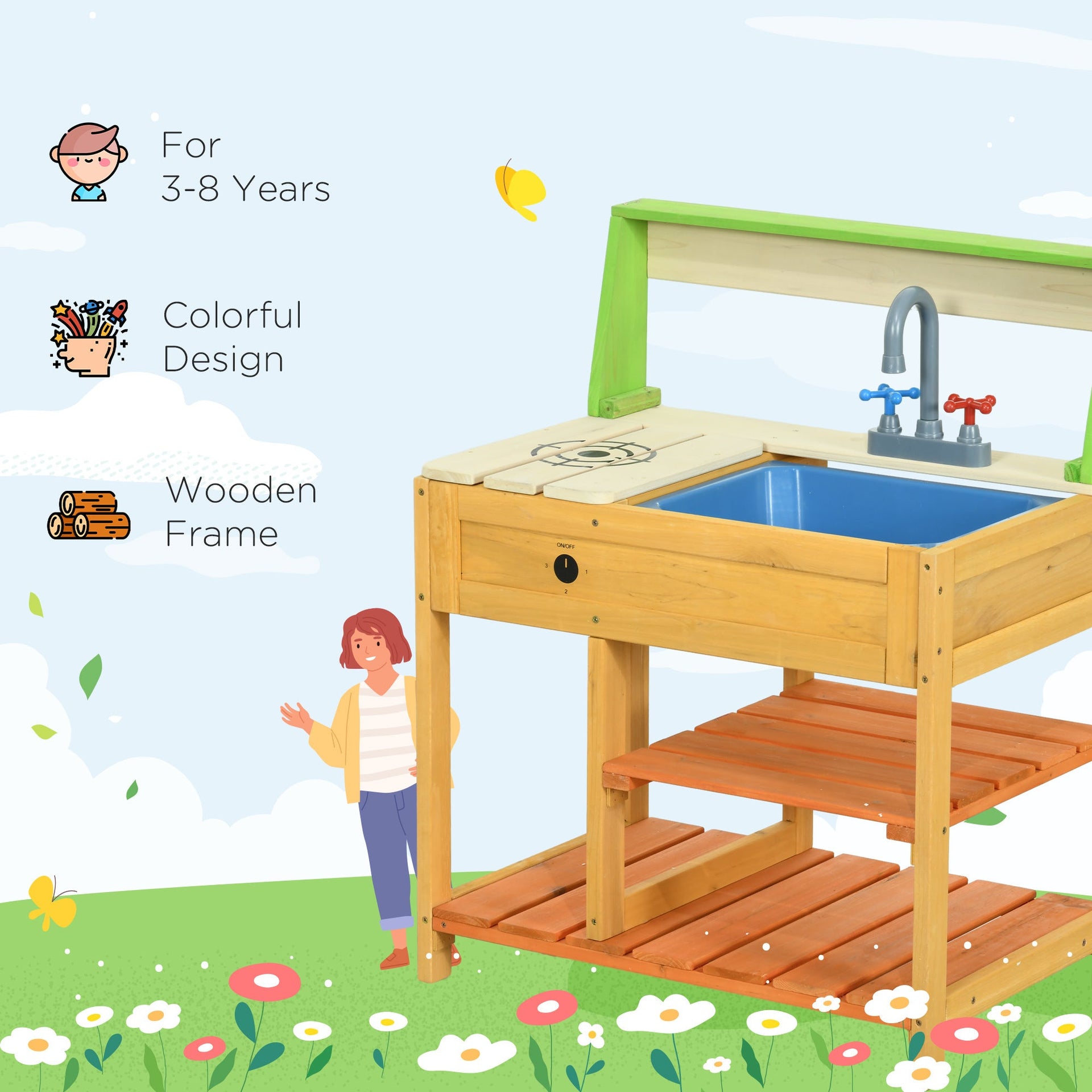 Outsunny Mud Kitchen Outdoor Kitchen Playset for Kids Wooden with Realistic Play Kitchen Toys, Faucet and Sink, Storage Shelves, Gift for Girls and Boys Aged 3-8 Years Old