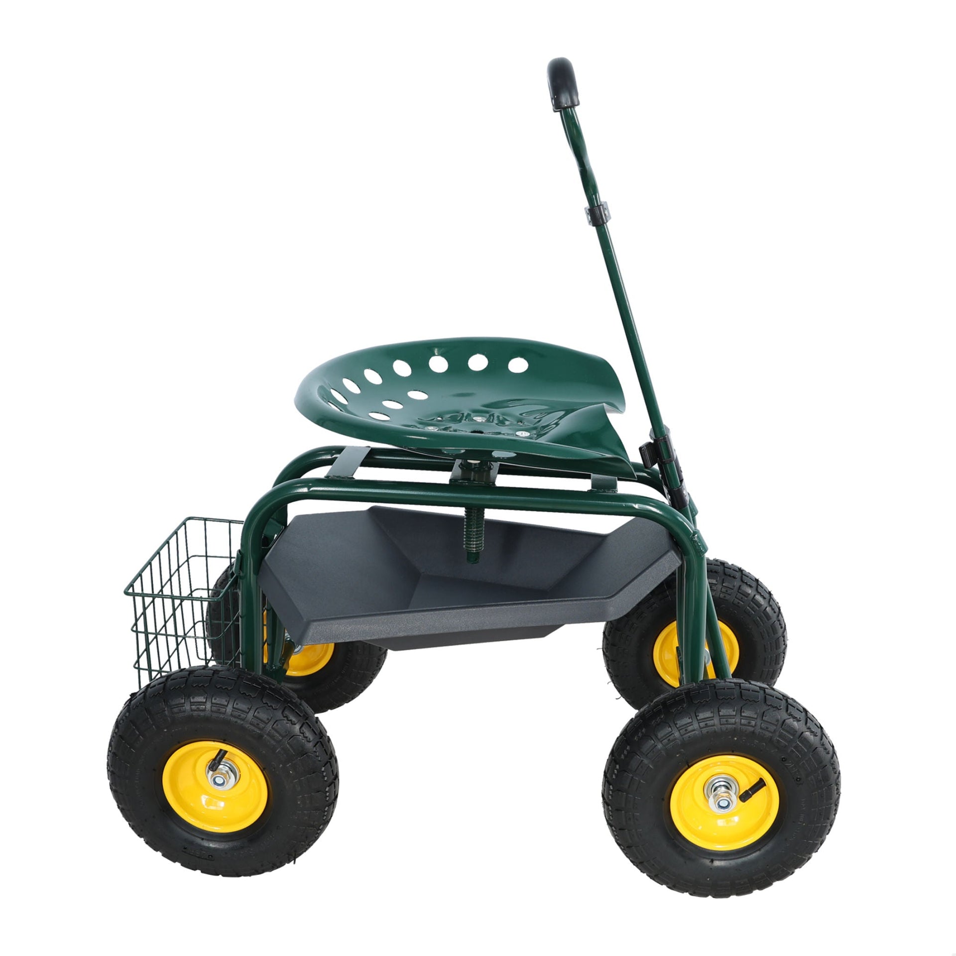 Garden trolley Rolling work chair with wheels, garden stool for planting, 360 degree swivel seat, station wagon scooter with steering handle and utility tray, for yard and outdoors, (green)