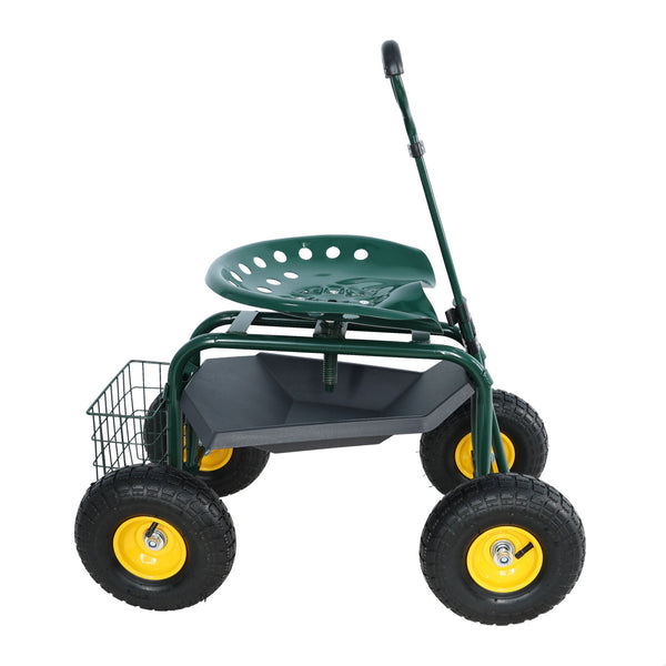 Garden trolley Rolling work chair with wheels, garden stool for planting, 360 degree swivel seat, station wagon scooter with steering handle and utility tray, for yard and outdoors, (green)