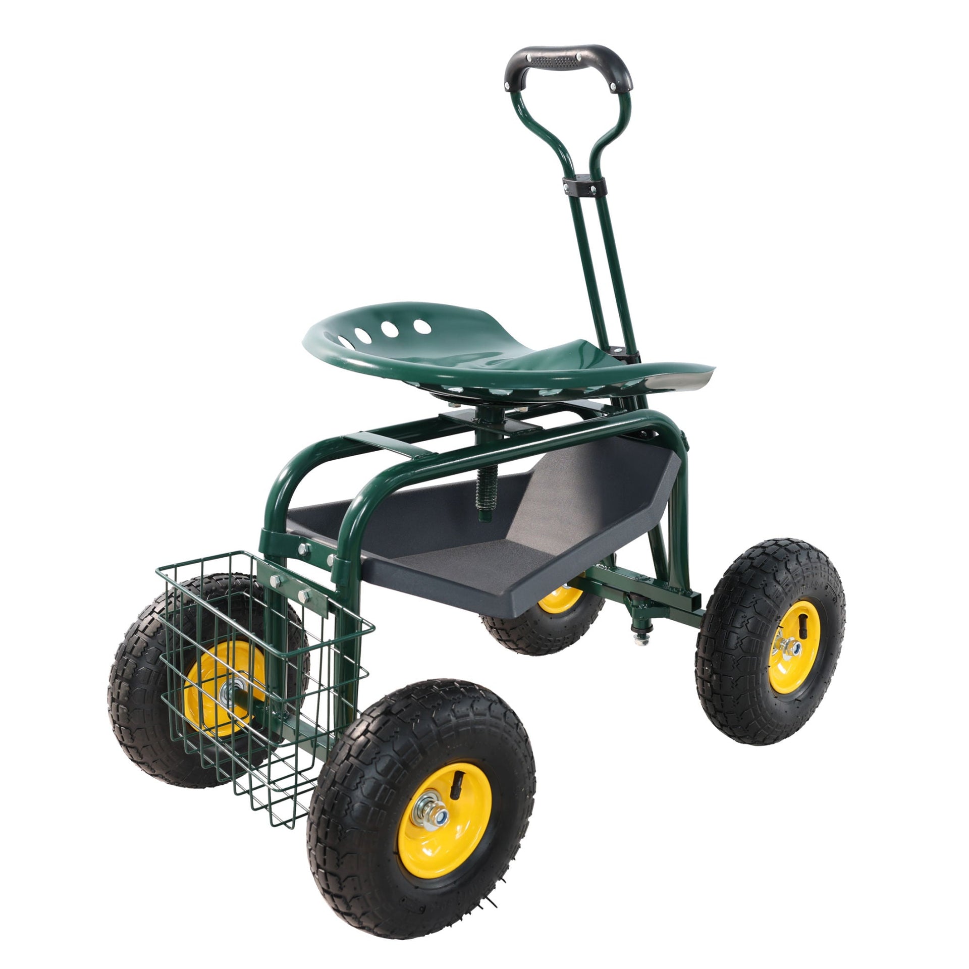 Garden trolley Rolling work chair with wheels, garden stool for planting, 360 degree swivel seat, station wagon scooter with steering handle and utility tray, for yard and outdoors, (green)