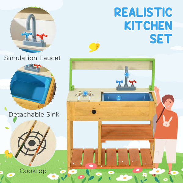 Outsunny Mud Kitchen Outdoor Kitchen Playset for Kids Wooden with Realistic Play Kitchen Toys, Faucet and Sink, Storage Shelves, Gift for Girls and Boys Aged 3-8 Years Old