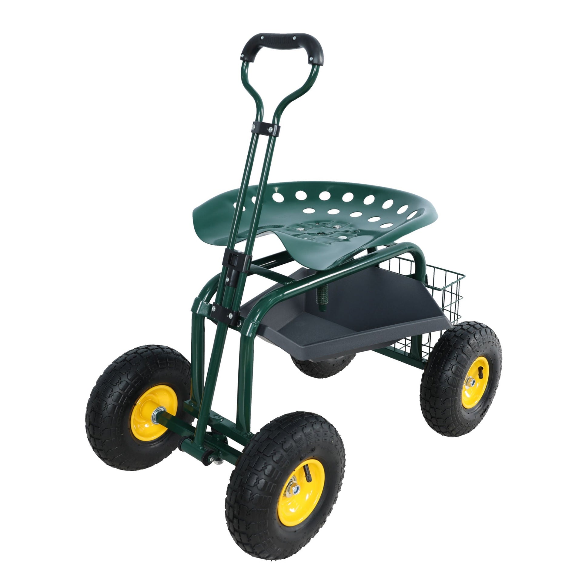 Garden trolley Rolling work chair with wheels, garden stool for planting, 360 degree swivel seat, station wagon scooter with steering handle and utility tray, for yard and outdoors, (green)