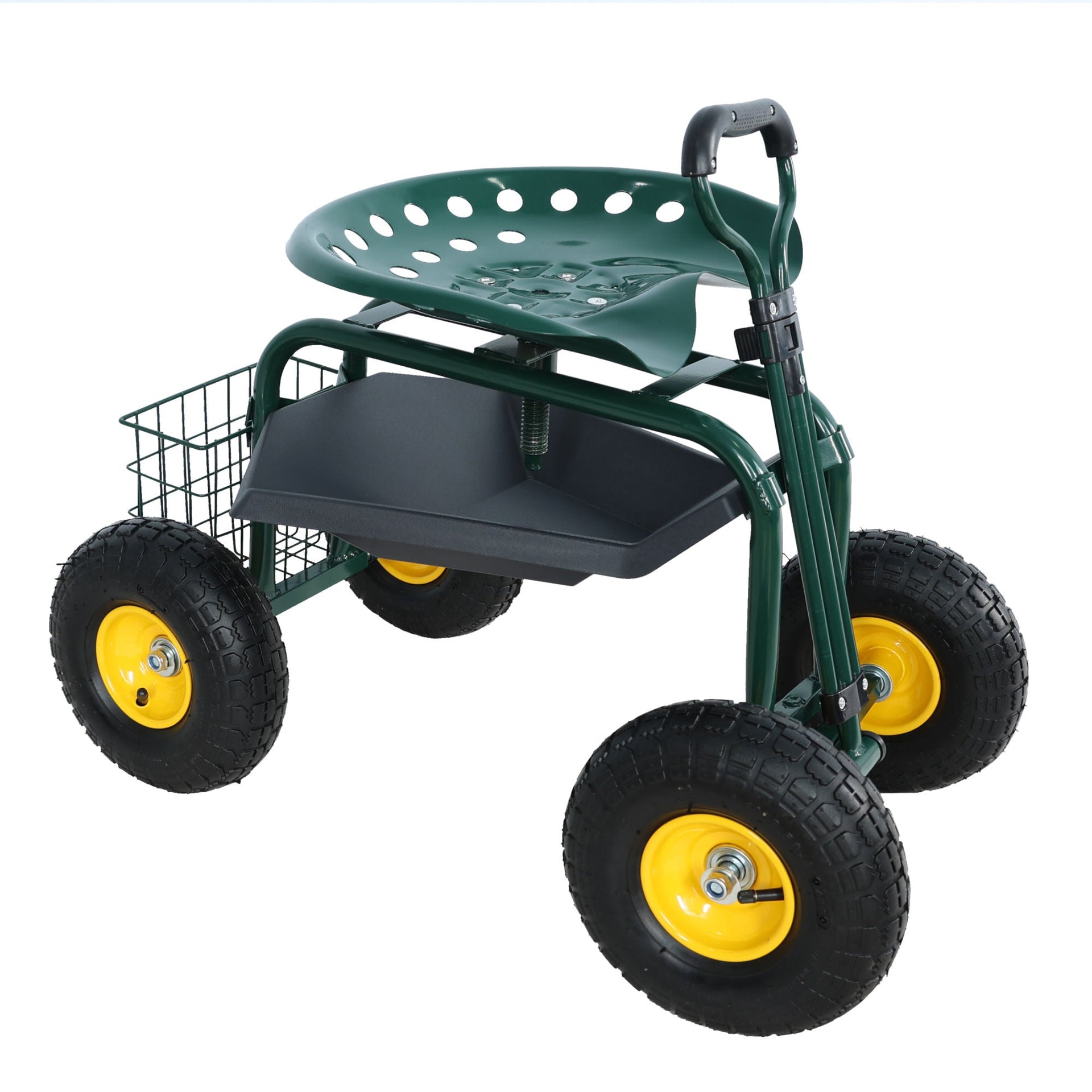 Garden trolley Rolling work chair with wheels, garden stool for planting, 360 degree swivel seat, station wagon scooter with steering handle and utility tray, for yard and outdoors, (green)