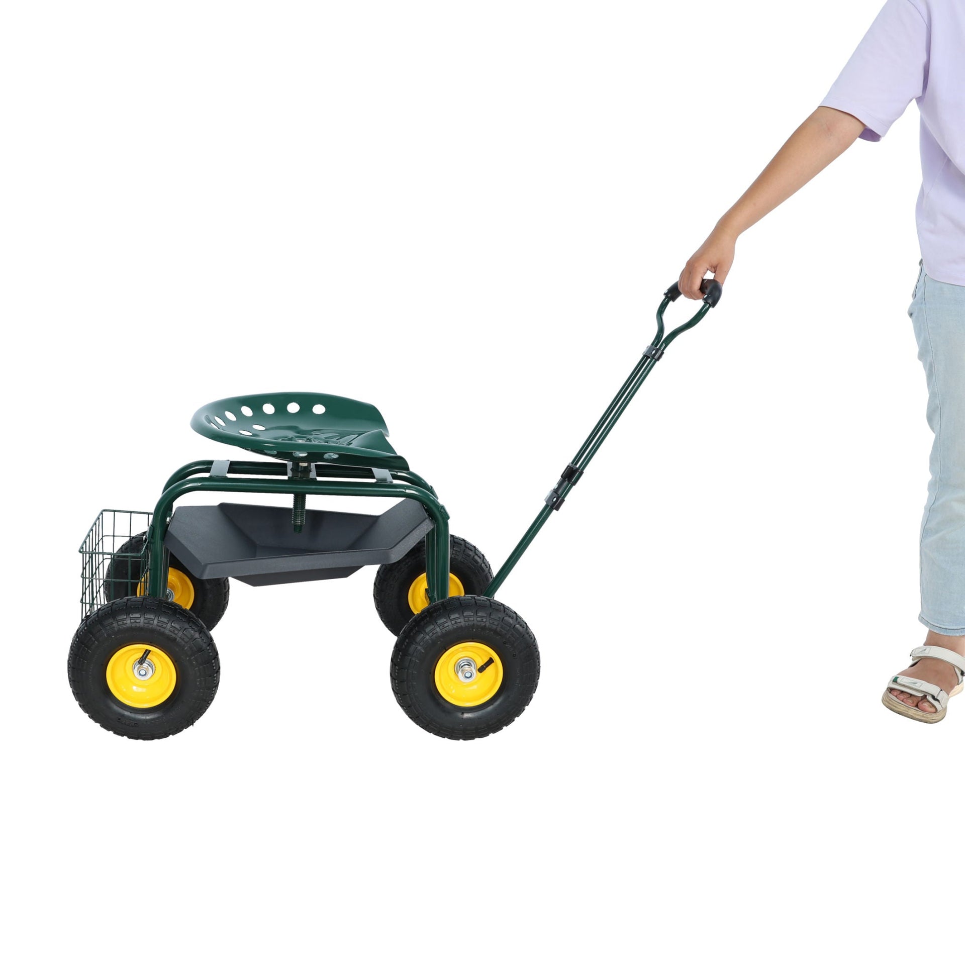 Garden trolley Rolling work chair with wheels, garden stool for planting, 360 degree swivel seat, station wagon scooter with steering handle and utility tray, for yard and outdoors, (green)