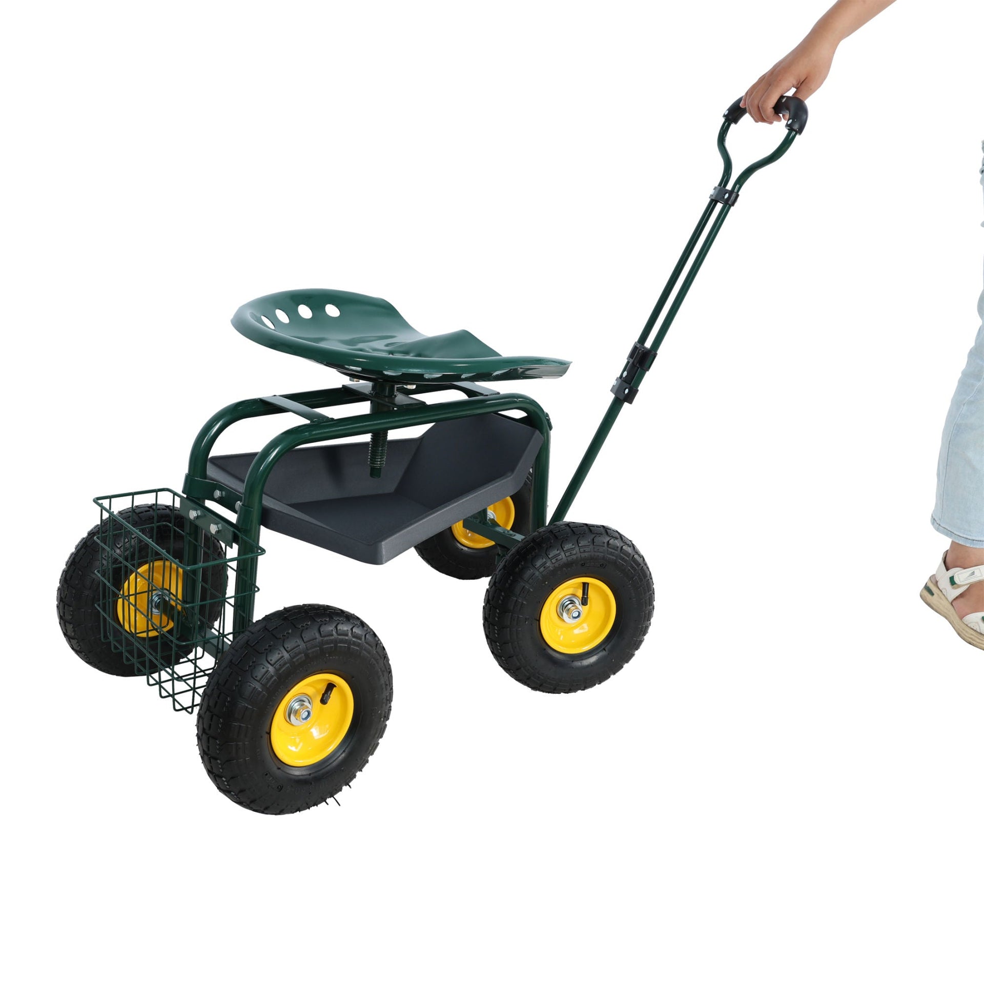 Garden trolley Rolling work chair with wheels, garden stool for planting, 360 degree swivel seat, station wagon scooter with steering handle and utility tray, for yard and outdoors, (green)