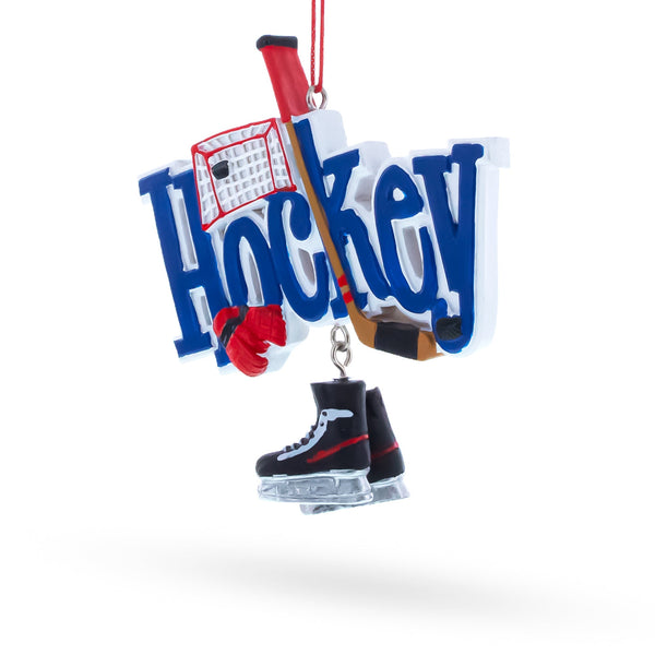 Hockey Word Art with Skates and Stick Resin Christmas Ornament