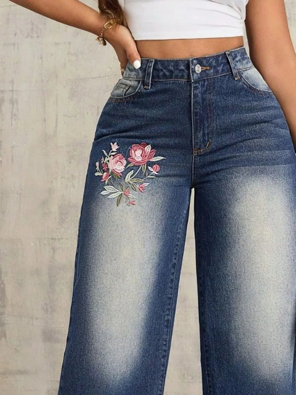 Embroidered Wide Leg Jeans