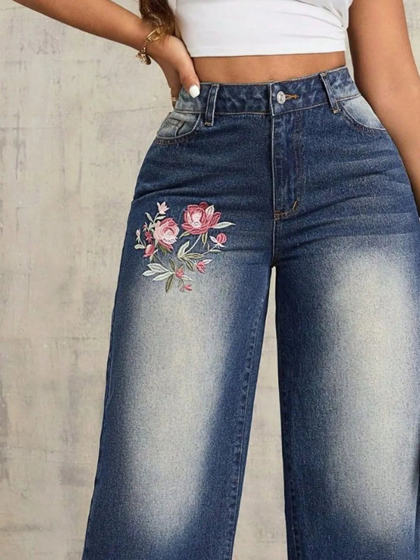 Embroidered Wide Leg Jeans