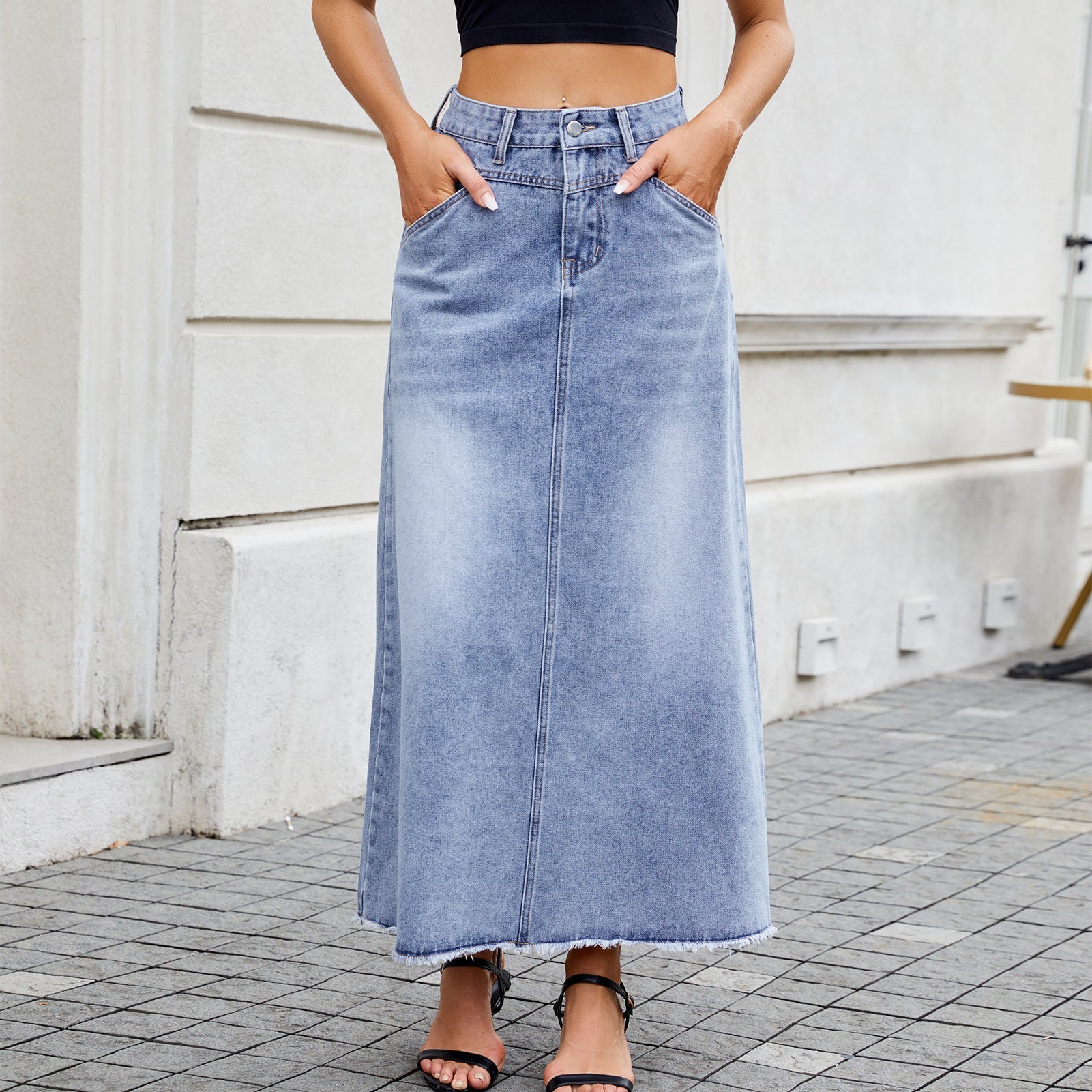 European and American high waisted denim skirt fashionable loose pocket half length skirt for women