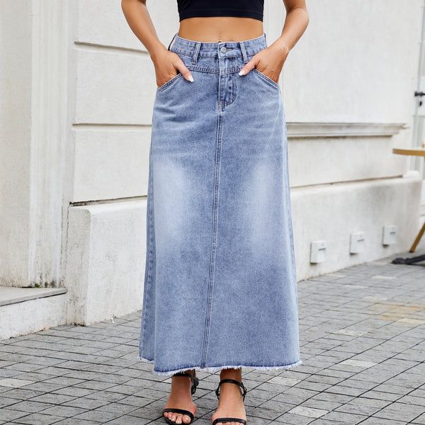 European and American high waisted denim skirt fashionable loose pocket half length skirt for women