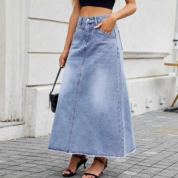European and American high waisted denim skirt fashionable loose pocket half length skirt for women
