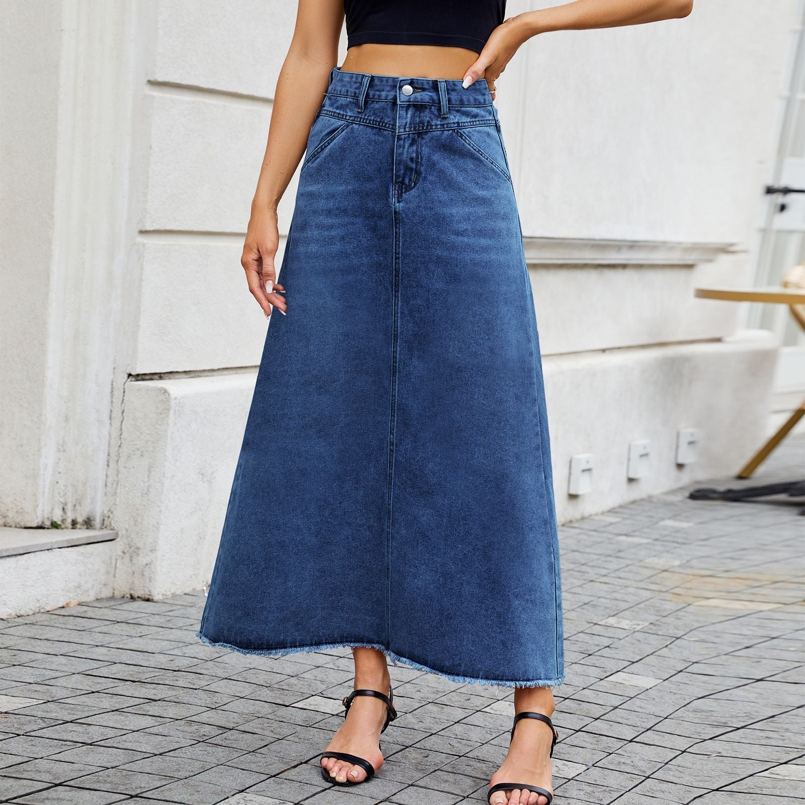 European and American high waisted denim skirt fashionable loose pocket half length skirt for women