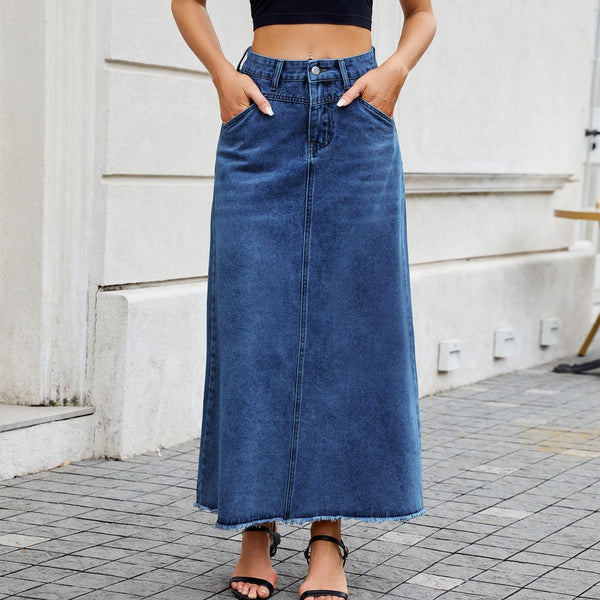 European and American high waisted denim skirt fashionable loose pocket half length skirt for women