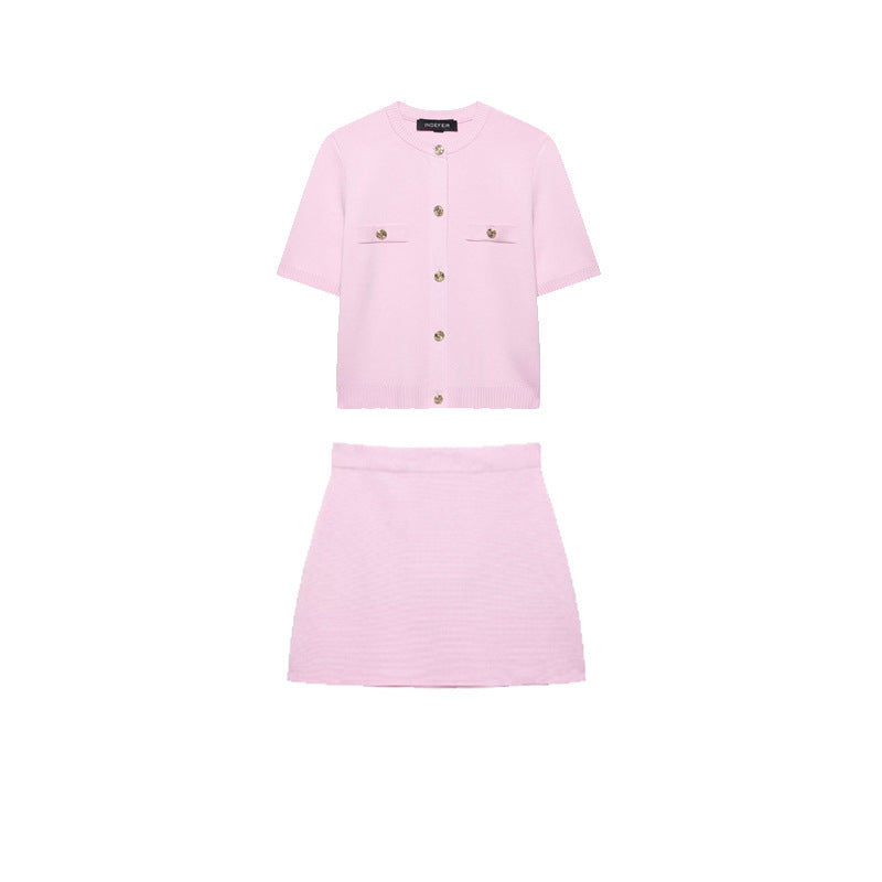European and American style women's clothing new fashion short sleeved knitted top half skirt set