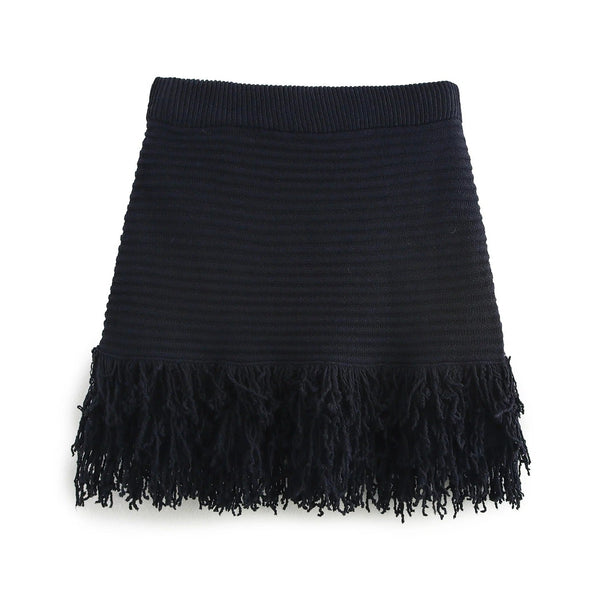 European and American women's fashion versatile tassel knit sweater+skirt set