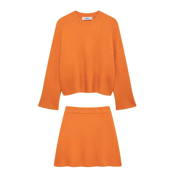 European and American women's long sleeved round neck knitted sweater mini skirt set