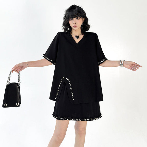 Fashion Set V-neck Solid Color Shoulder Pad T-shirt+Elastic Waist Short Skirt