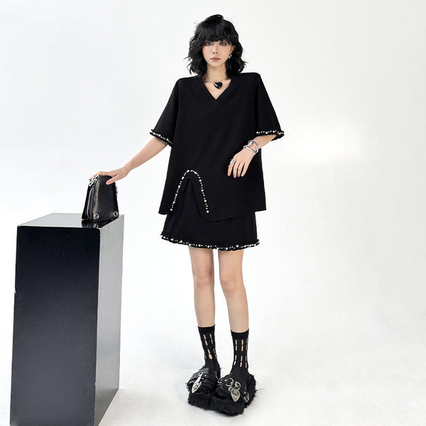 Fashion Set V-neck Solid Color Shoulder Pad T-shirt+Elastic Waist Short Skirt