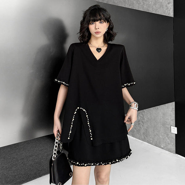 Fashion Set V-neck Solid Color Shoulder Pad T-shirt+Elastic Waist Short Skirt