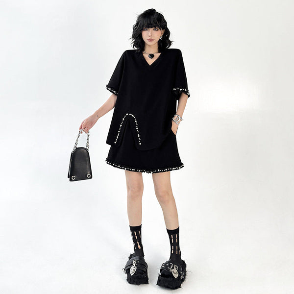 Fashion Set V-neck Solid Color Shoulder Pad T-shirt+Elastic Waist Short Skirt