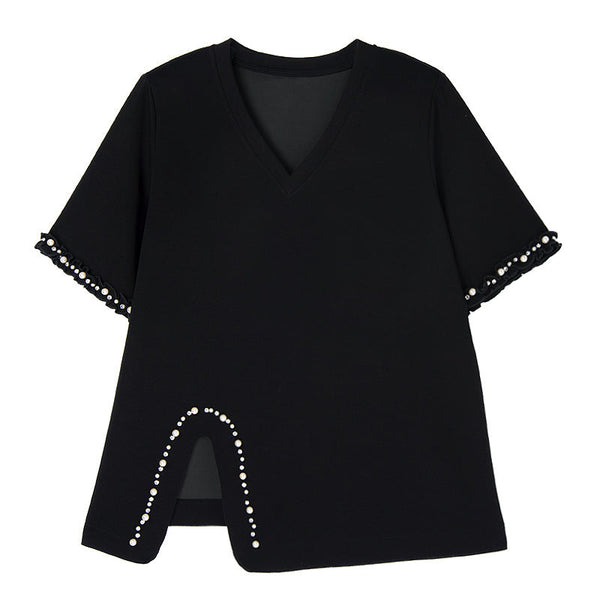 Fashion Set V-neck Solid Color Shoulder Pad T-shirt+Elastic Waist Short Skirt