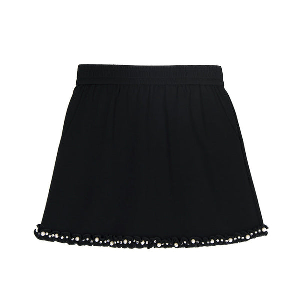 Fashion Set V-neck Solid Color Shoulder Pad T-shirt+Elastic Waist Short Skirt