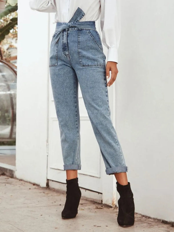 Fashionable and casual high waist slimming straight leg denim pants