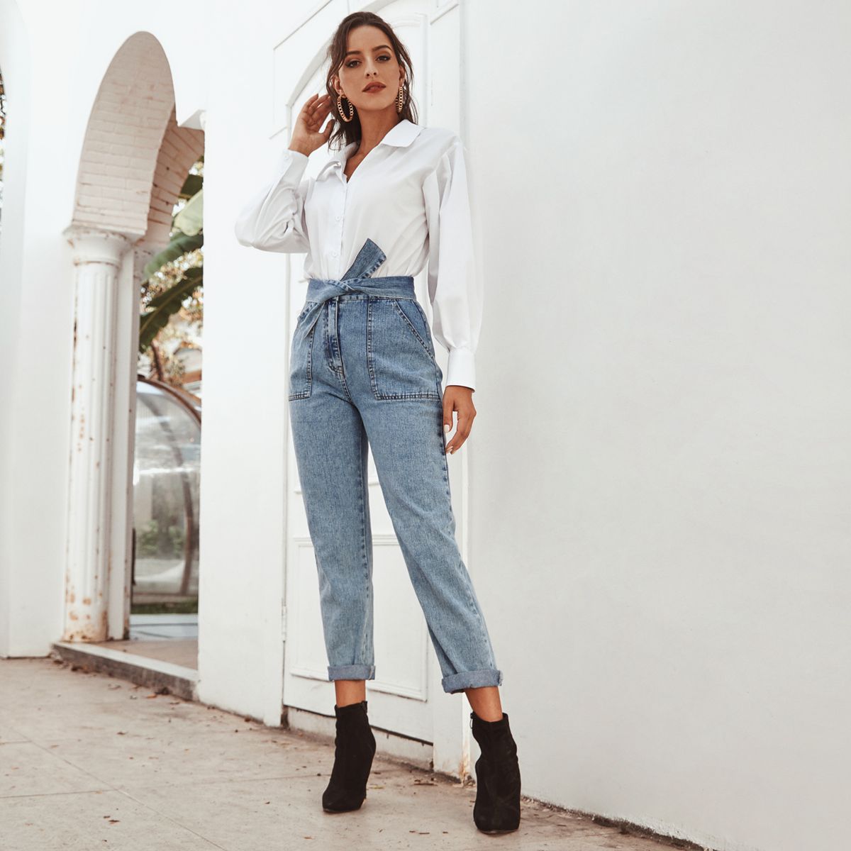 Fashionable and casual high waist slimming straight leg denim pants