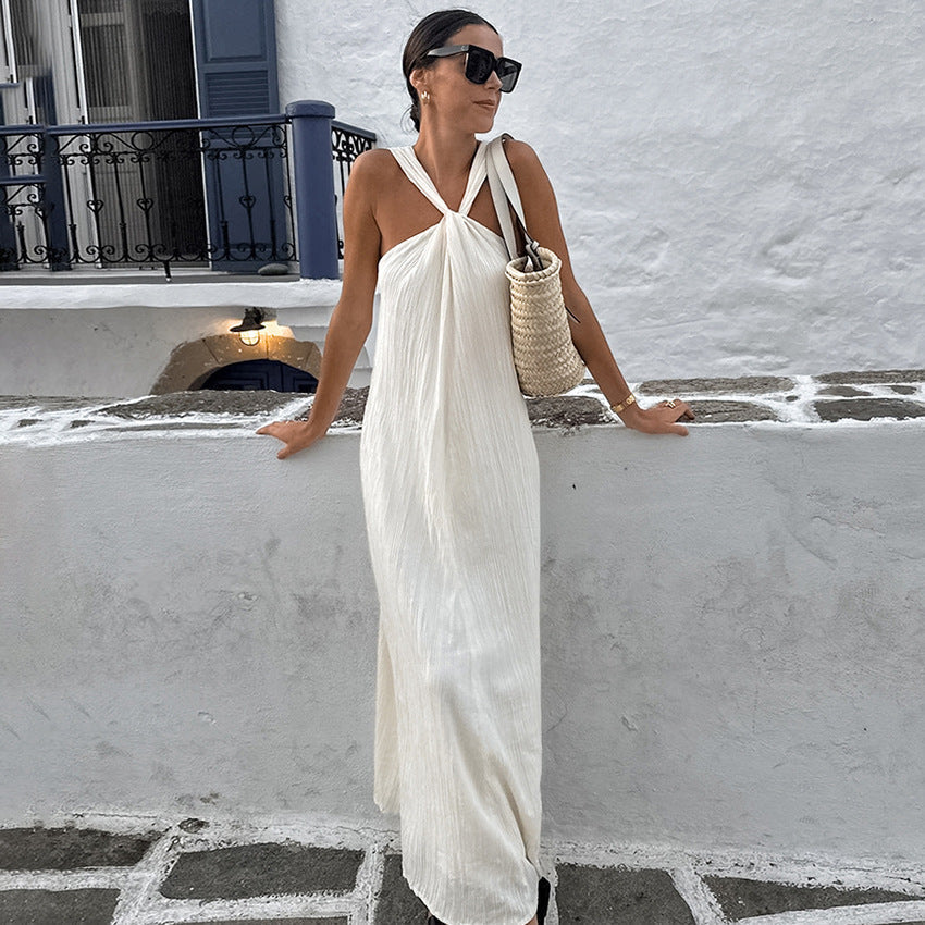 Fashionable and versatile design dress simple sleeveless off shoulder slim fit white long skirt for women