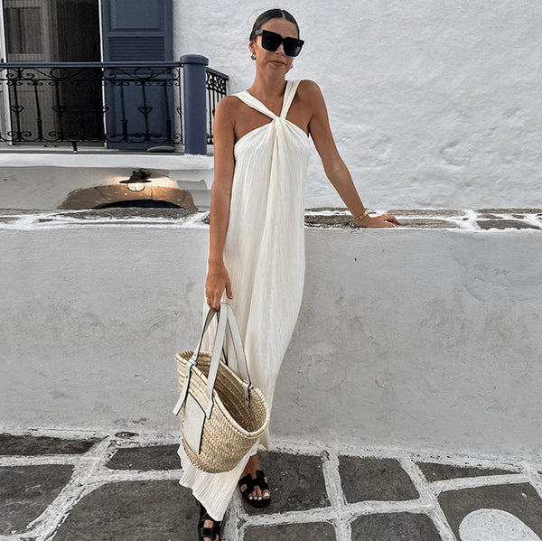 Fashionable and versatile design dress simple sleeveless off shoulder slim fit white long skirt for women