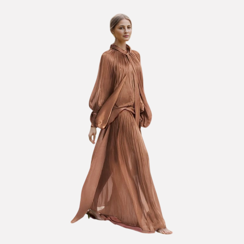 Fashionable niche design bat sleeve lace up pleated dress for women