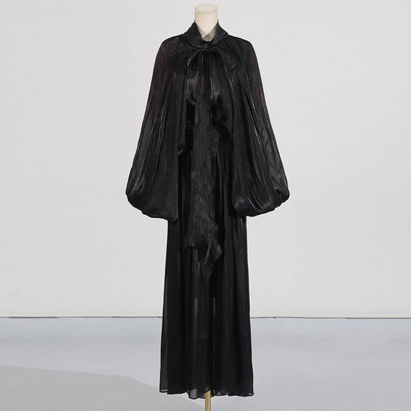 Fashionable niche design bat sleeve lace up pleated dress for women