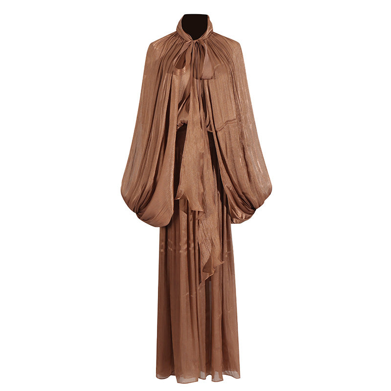 Fashionable niche design bat sleeve lace up pleated dress for women