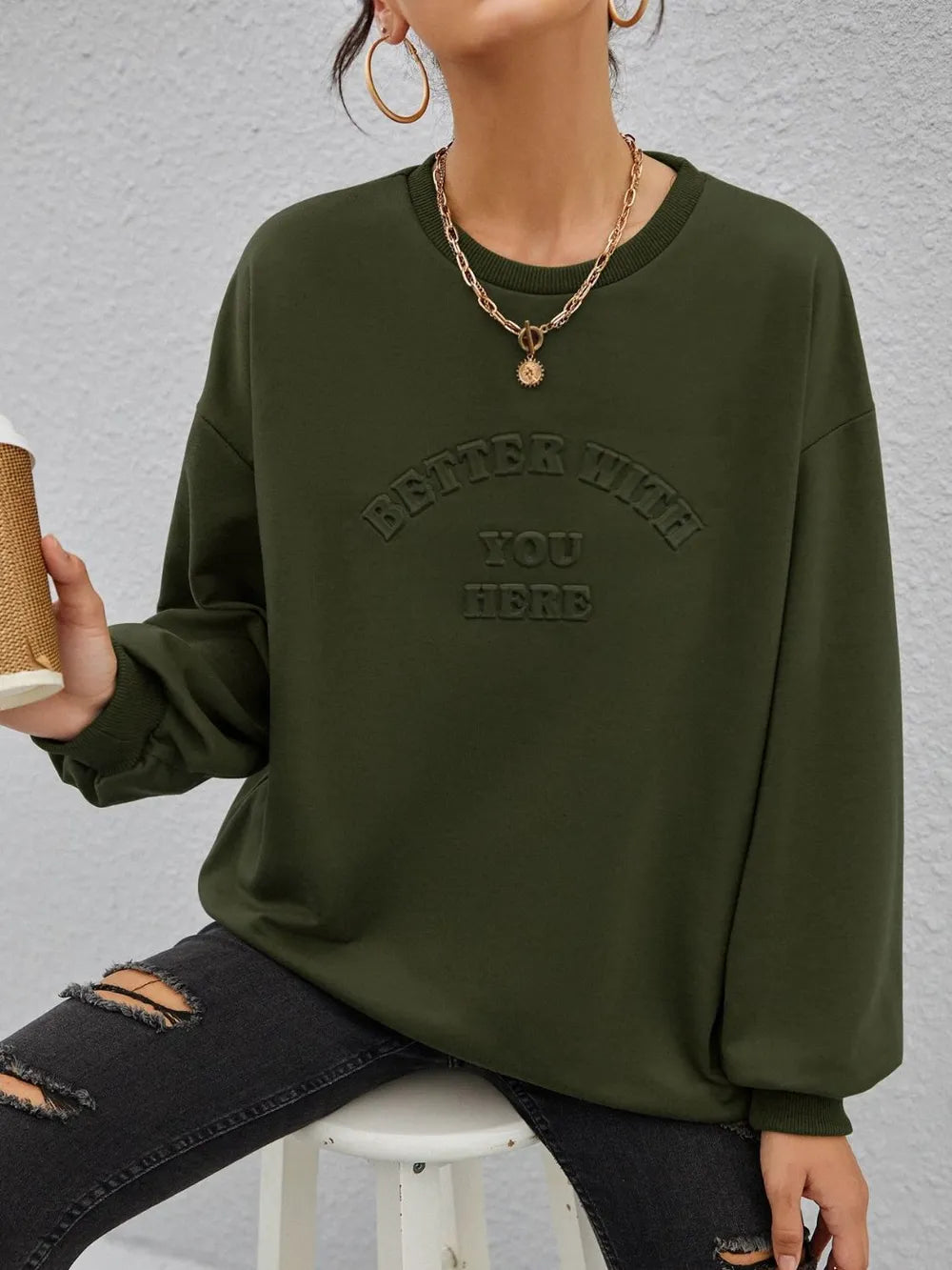 Fashionable round neck long sleeved letter solid color loose hoodie