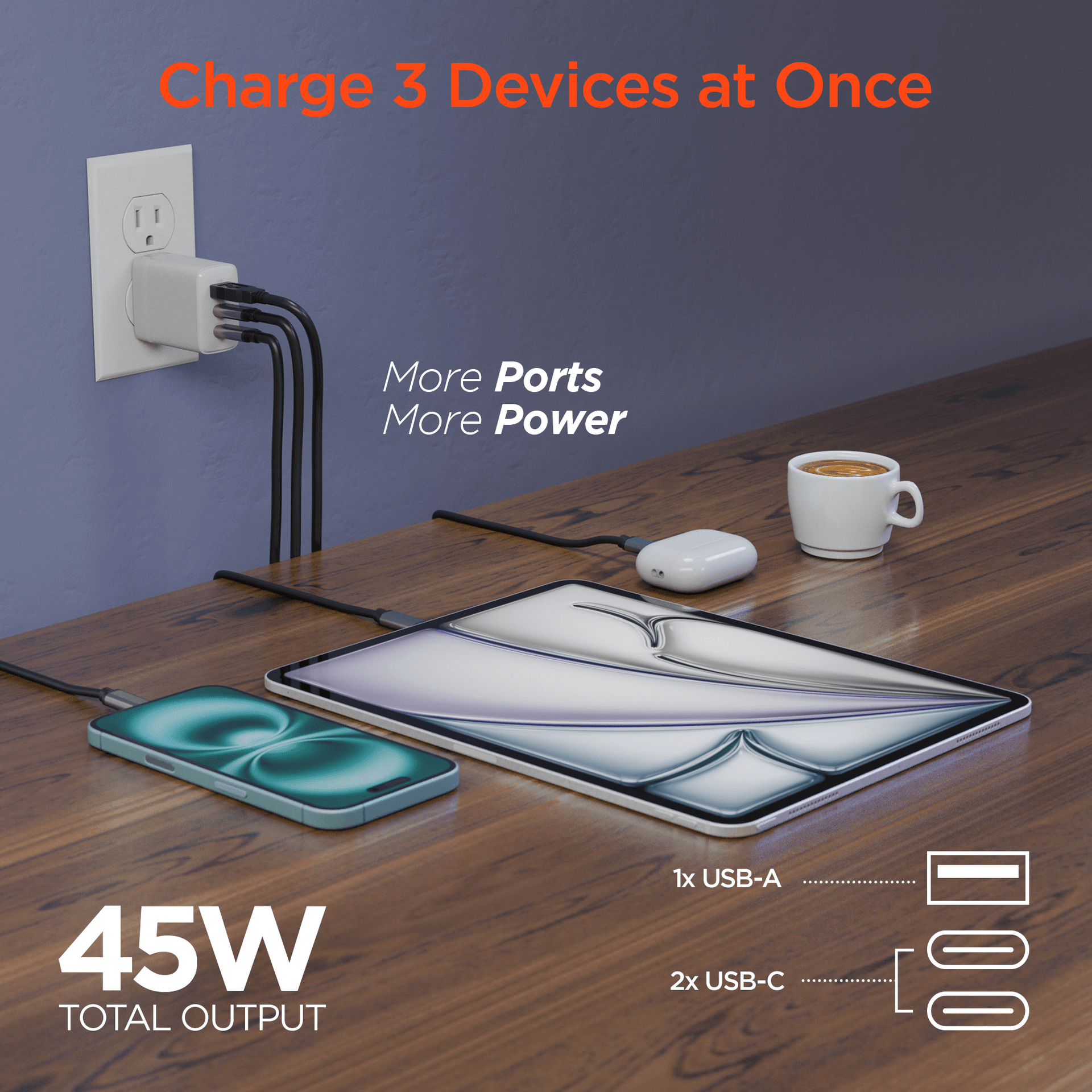 HyperGear 45W USB-C PD PPS Tri-Port GaN Fast Wall Charger