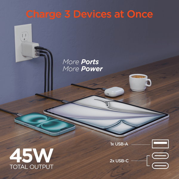 HyperGear 45W USB-C PD PPS Tri-Port GaN Fast Wall Charger