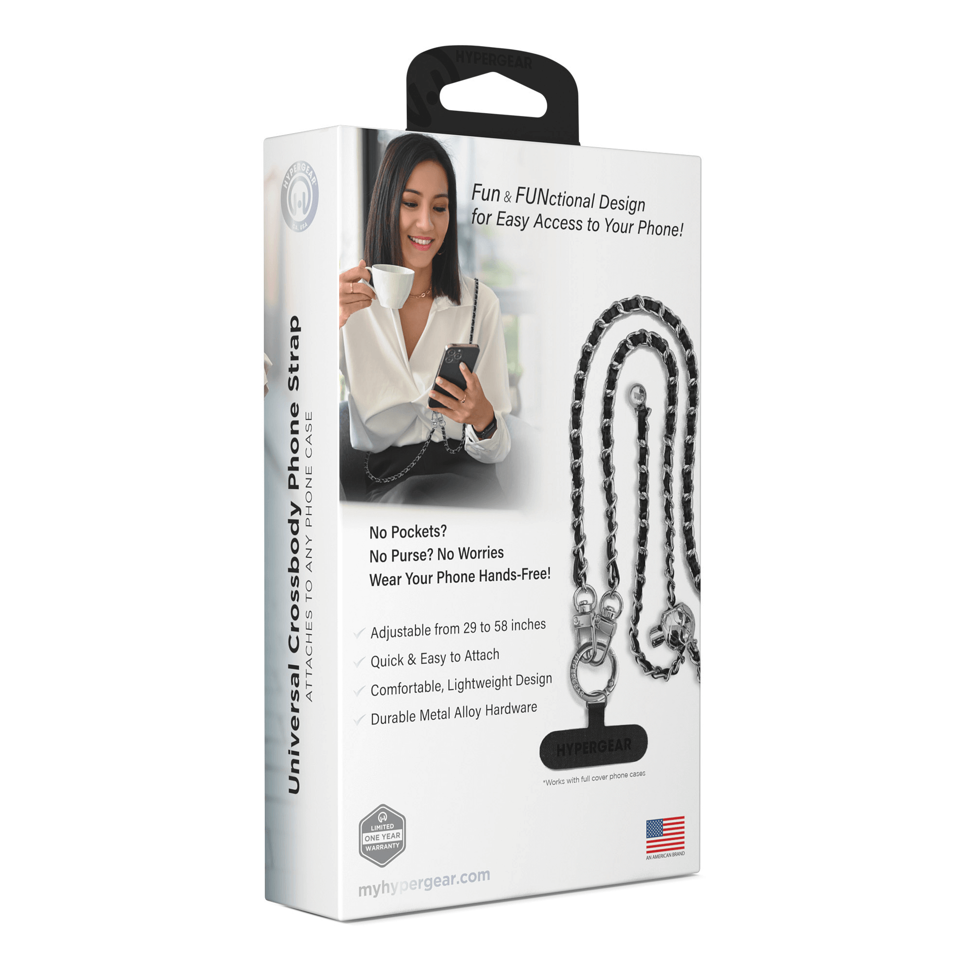 HyperGear TECHcessories Silver Chain with Black Vegan Leather Universal Crossbody Phone Strap