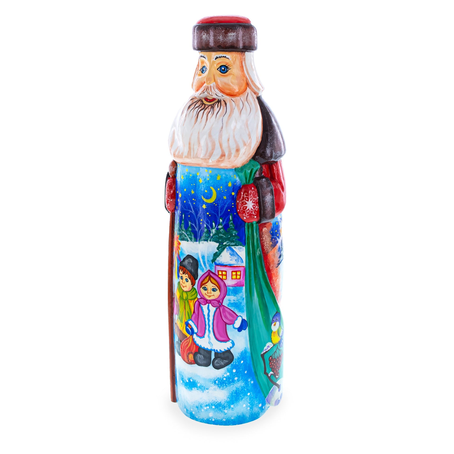 Hand Carved Ukrainian Santa with Children Caroling Solid Wood Figurine 11 Inches