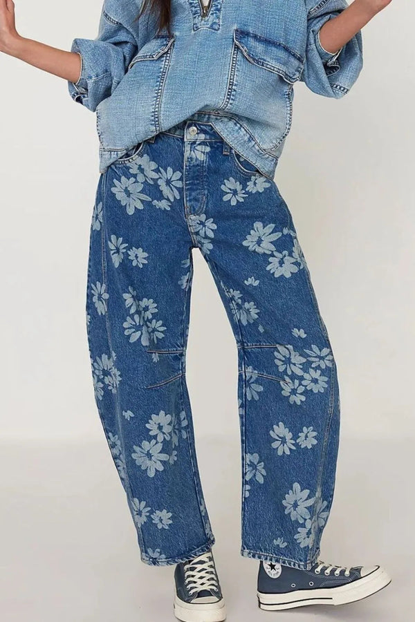 Flower Print Wide Leg Jeans
