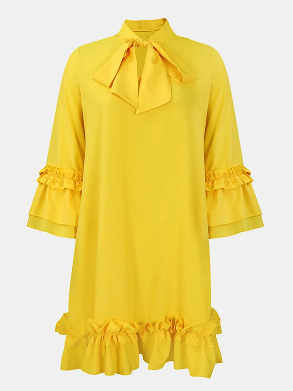 Frill Tie Neck Three-Quarter Sleeve Dress