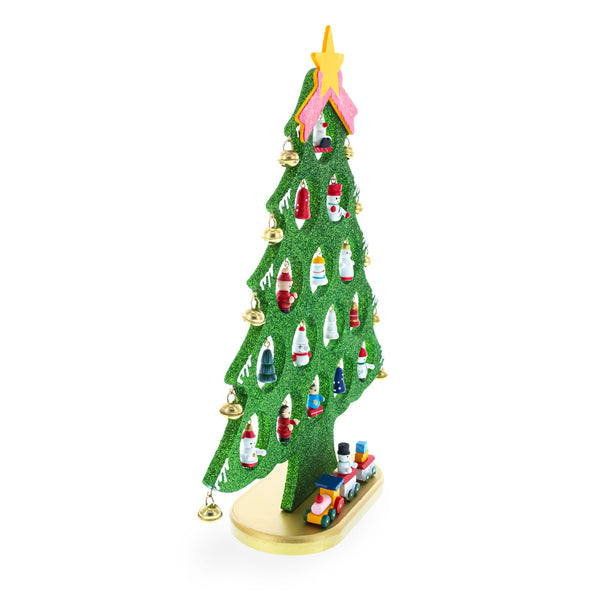 Wooden Tabletop Christmas Tree with 25 Miniature Ornaments and Train Base 12 Inches