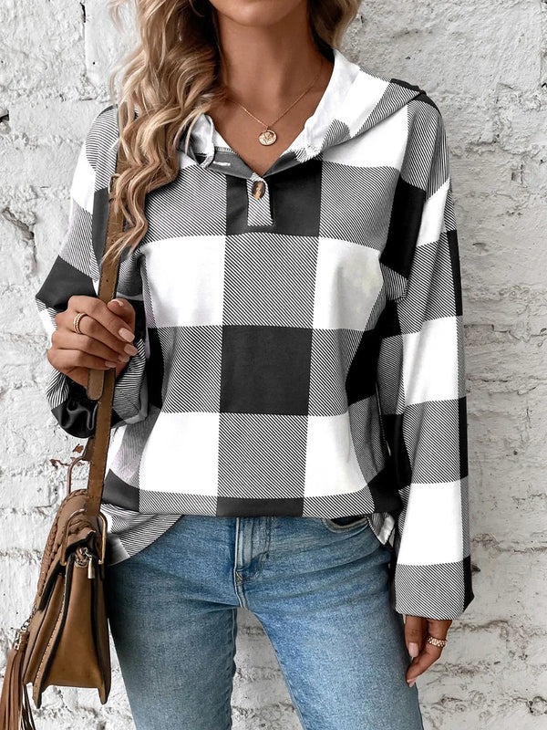 Grid printed loose casual fashionable button long sleeved hooded sweatshirt