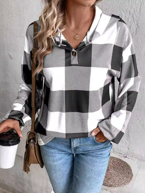 Grid printed loose casual fashionable button long sleeved hooded sweatshirt