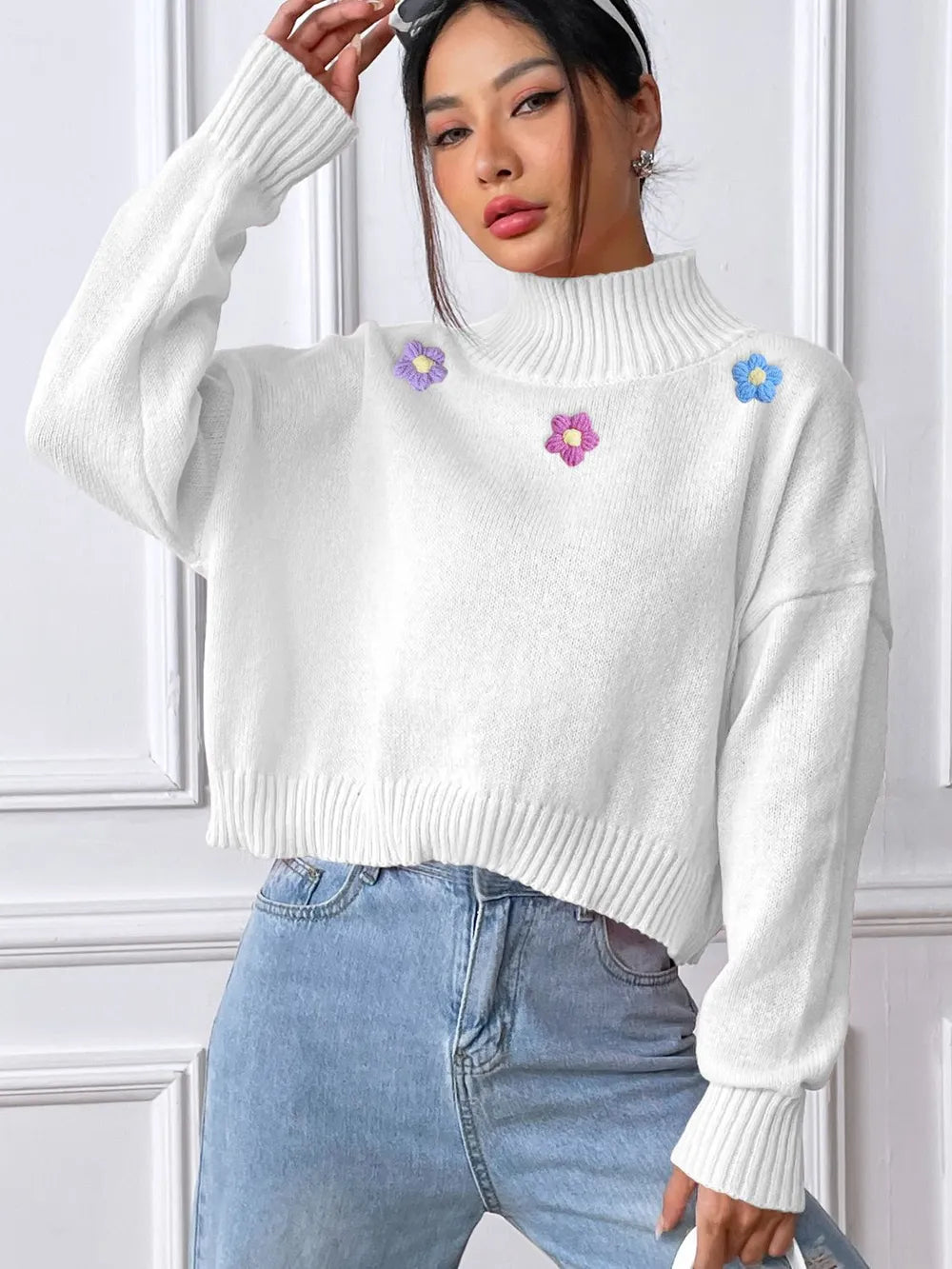 Hand hook flower collage high neck pullover sweater loose casual base sweater
