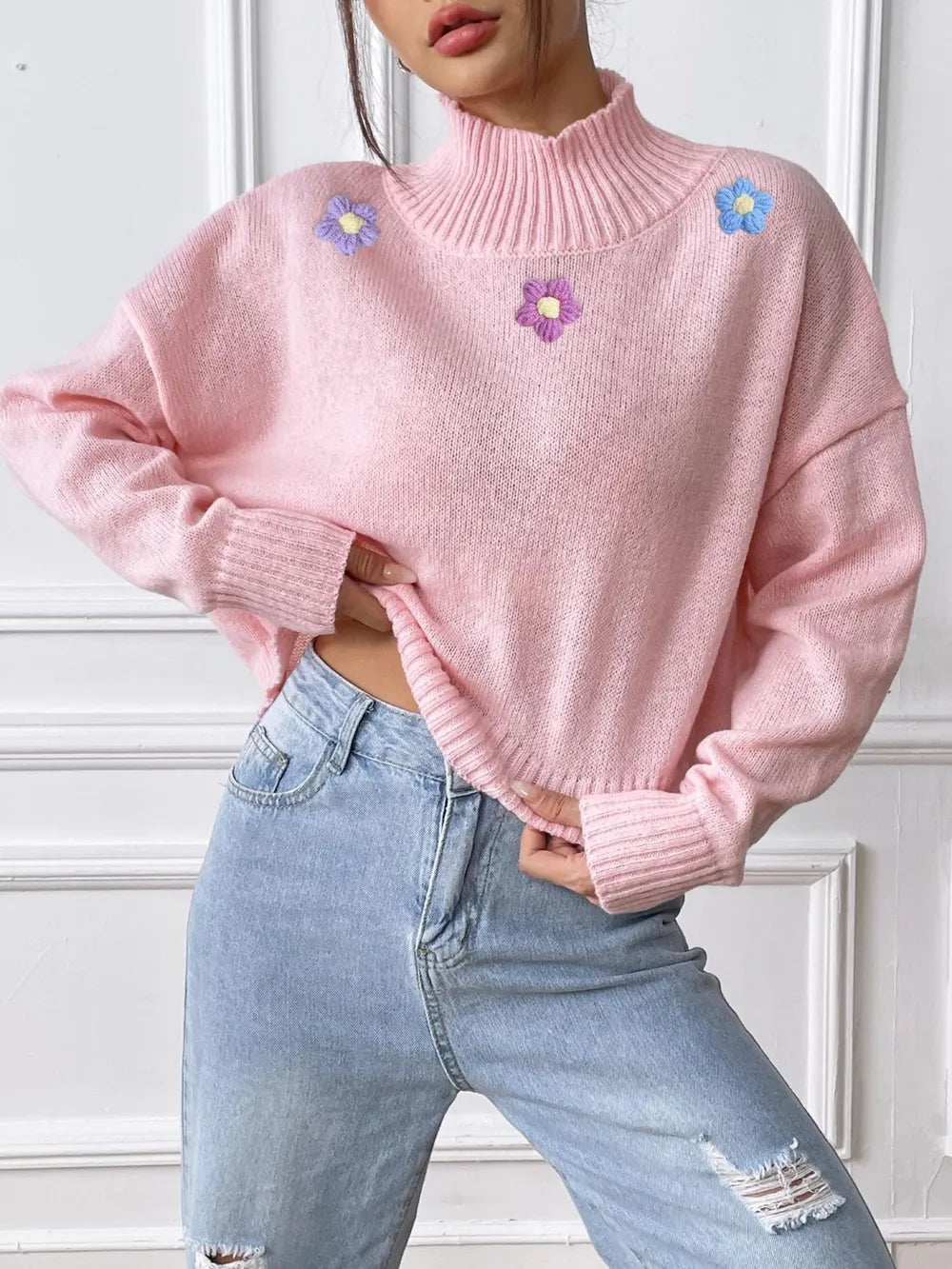 Hand hook flower collage high neck pullover sweater loose casual base sweater