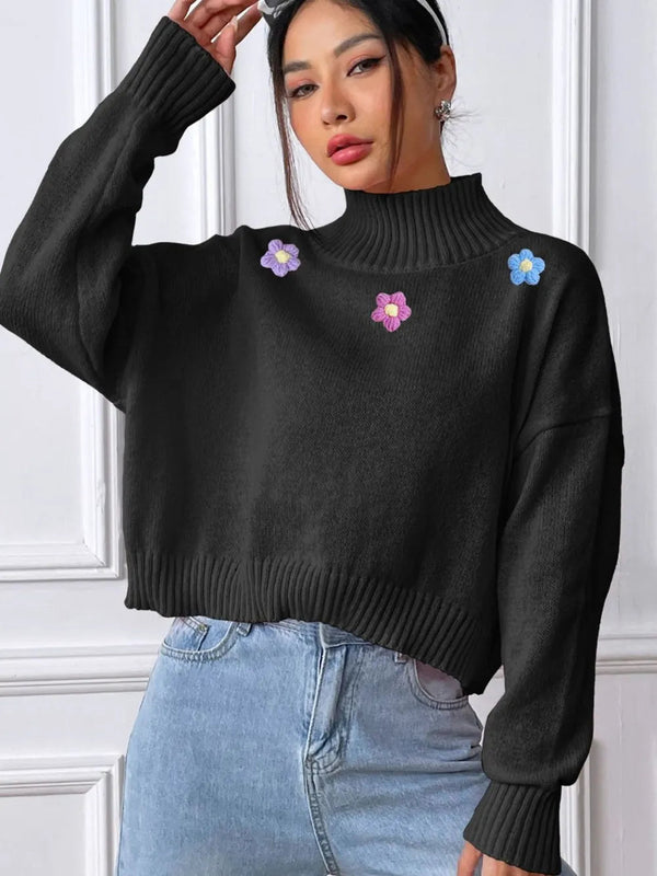 Hand hook flower collage high neck pullover sweater loose casual base sweater