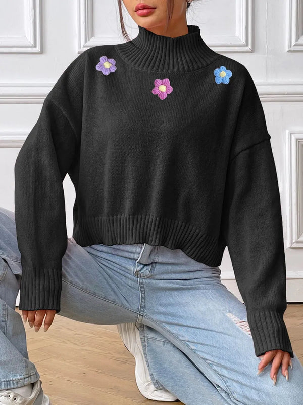 Hand hook flower collage high neck pullover sweater loose casual base sweater